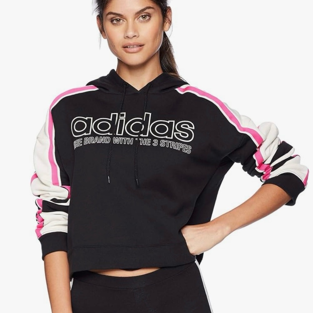 Adidas original Black Hoodie Legacy Cropped Sweatshirt Sweater Pullover Size XS